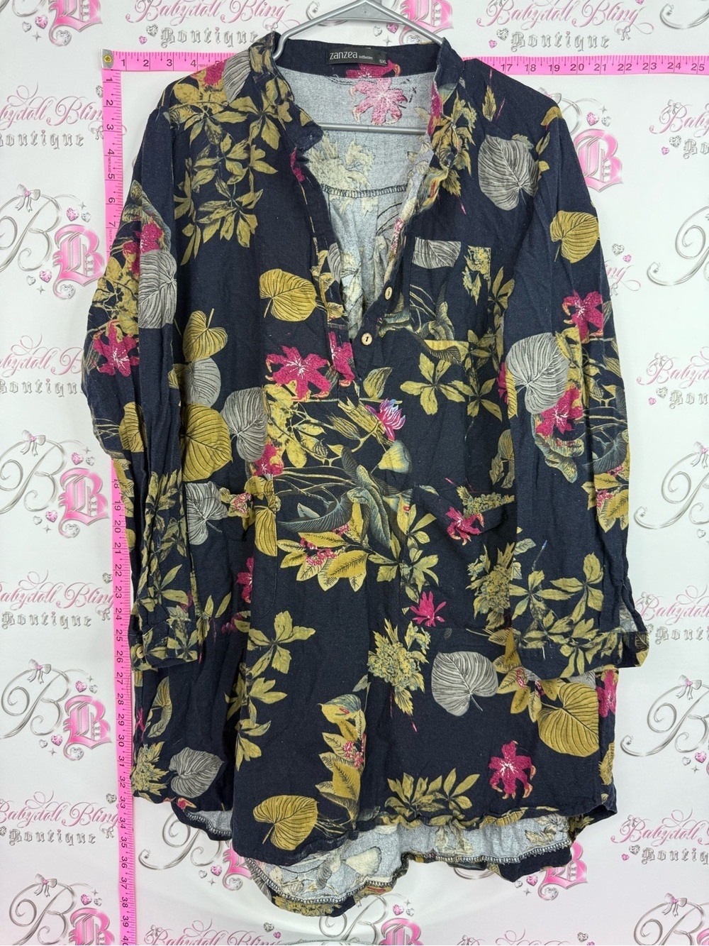 Zanzea Black Floral Button-Up Blouse with Gold and Pink Accents